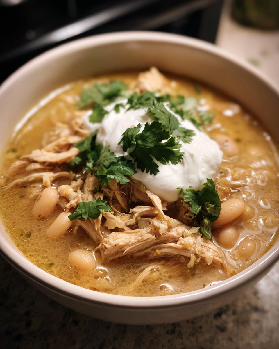 A close-up of a bowl filled with hearty slow cooker white chicken chili, topped with sour cream and cilantro.