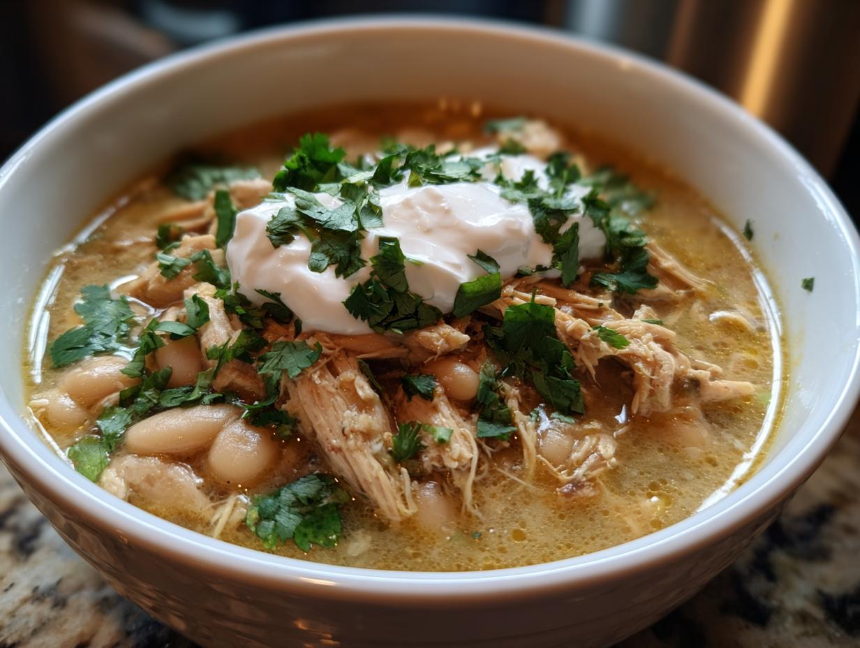 A close-up of a bowl of slow cooker white chicken chili topped with sour cream and cilantro.