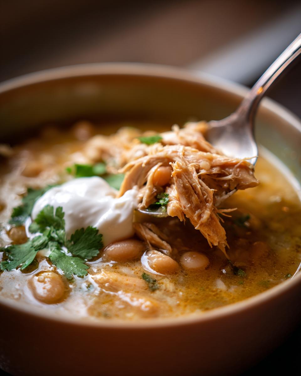 A spoonful of hearty slow cooker white chicken chili with shredded chicken, white beans, and a dollop of sour cream.
