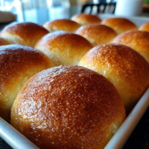 Close-up of golden brown small batch dinner rolls in a baking pan, glistening.