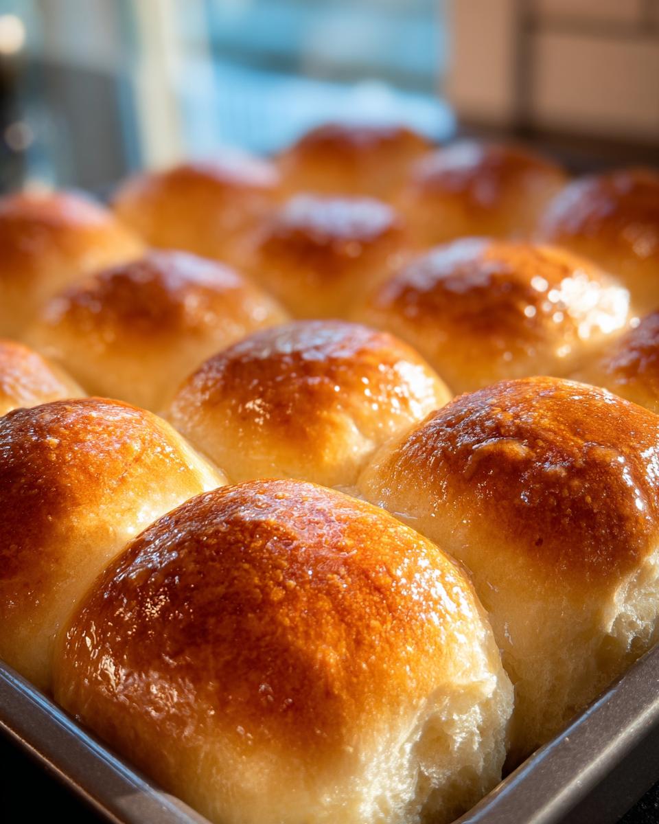 Close-up of golden brown, glossy small batch dinner rolls baked in a pan.
