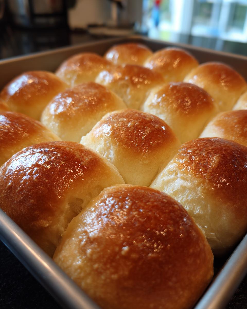Close-up of freshly baked small batch dinner rolls with a golden brown, glossy crust in a metal baking pan.