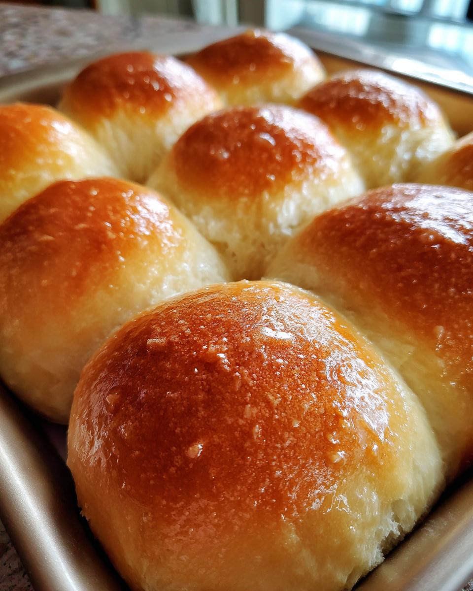 Close-up of freshly baked small batch dinner rolls with a golden-brown, glossy crust in a baking pan.
