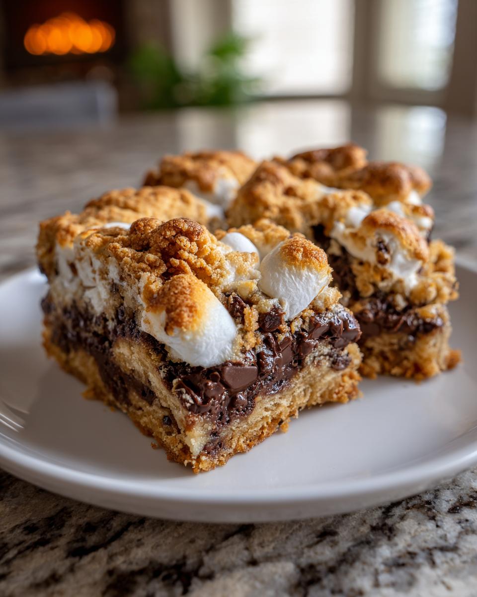 Close-up of gooey s'mores cookie bars with melted chocolate and toasted marshmallows on a white plate.