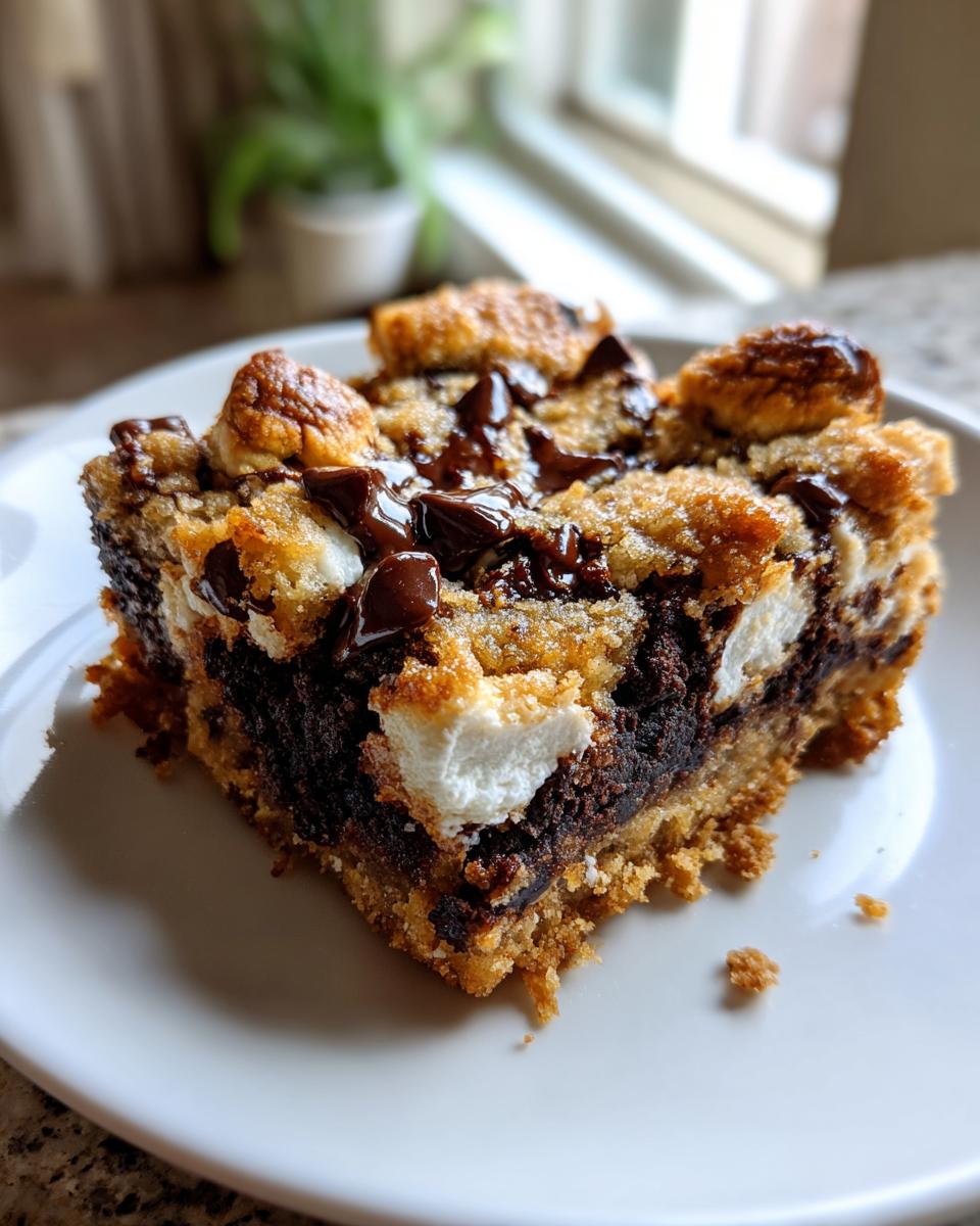 A close-up of a gooey s'mores cookie bar with melted marshmallows, chocolate chips, and a graham cracker crust.
