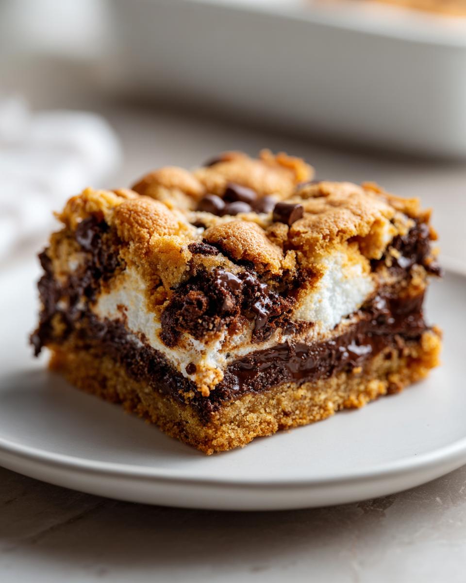 A close-up of a gooey s'mores cookie bar slice with layers of chocolate, marshmallow, and cookie dough.