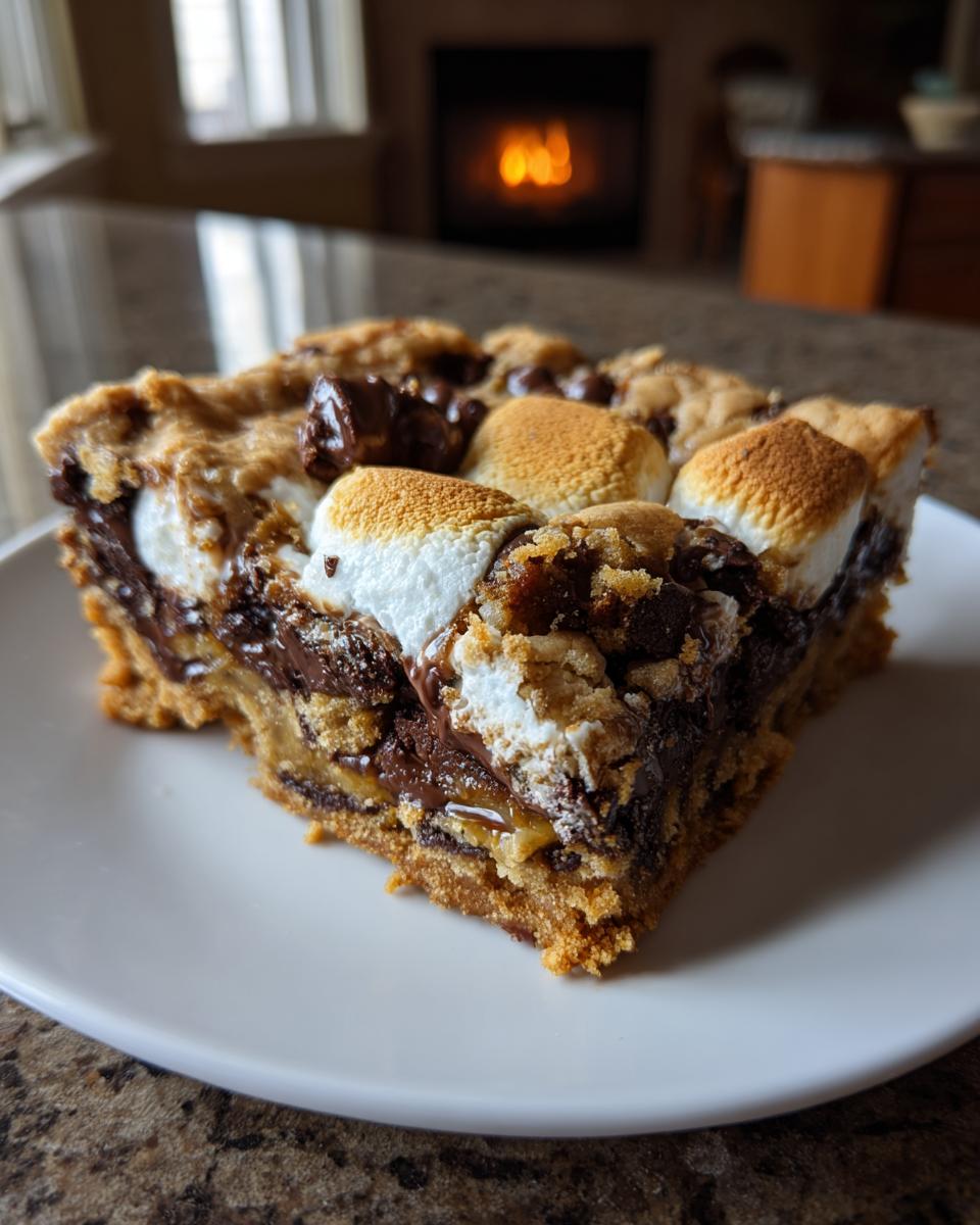 A delicious slice of gooey s'mores cookie bars with melted chocolate and toasted marshmallows.