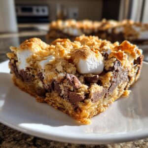 Close-up of a gooey s'mores cookie bar slice on a white plate, featuring melted chocolate and toasted marshmallows.