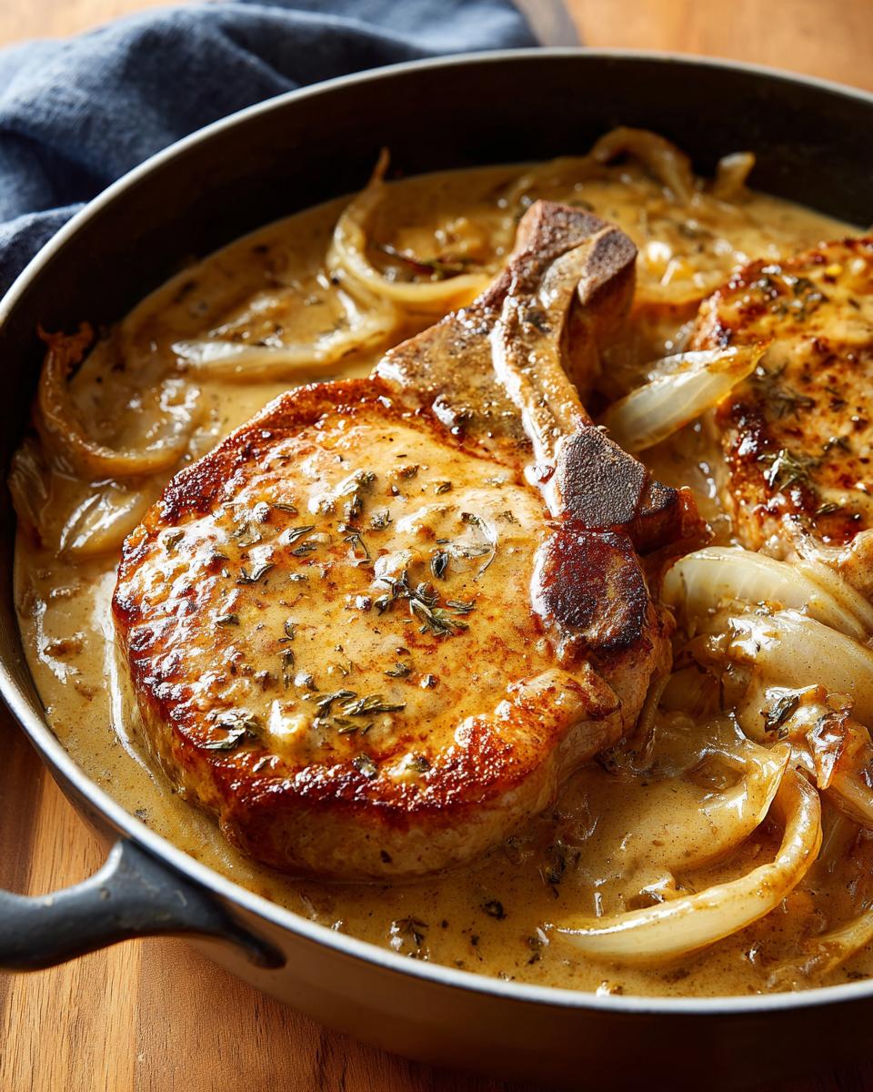 Close-up of delicious smothered boneless pork chops in a creamy onion sauce in a skillet.