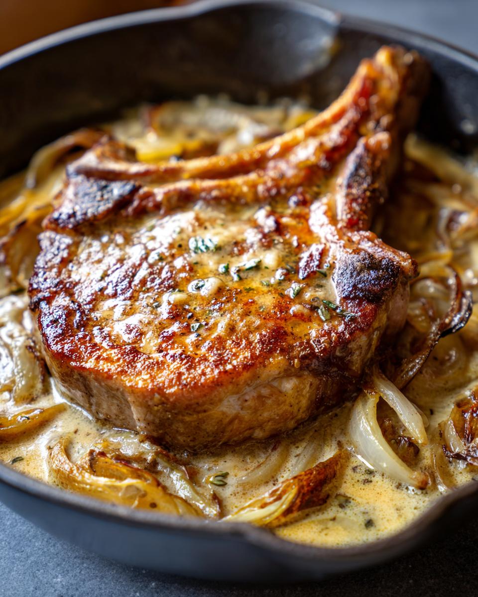 Close-up of a juicy, pan-seared boneless pork chop smothered in a creamy onion sauce.