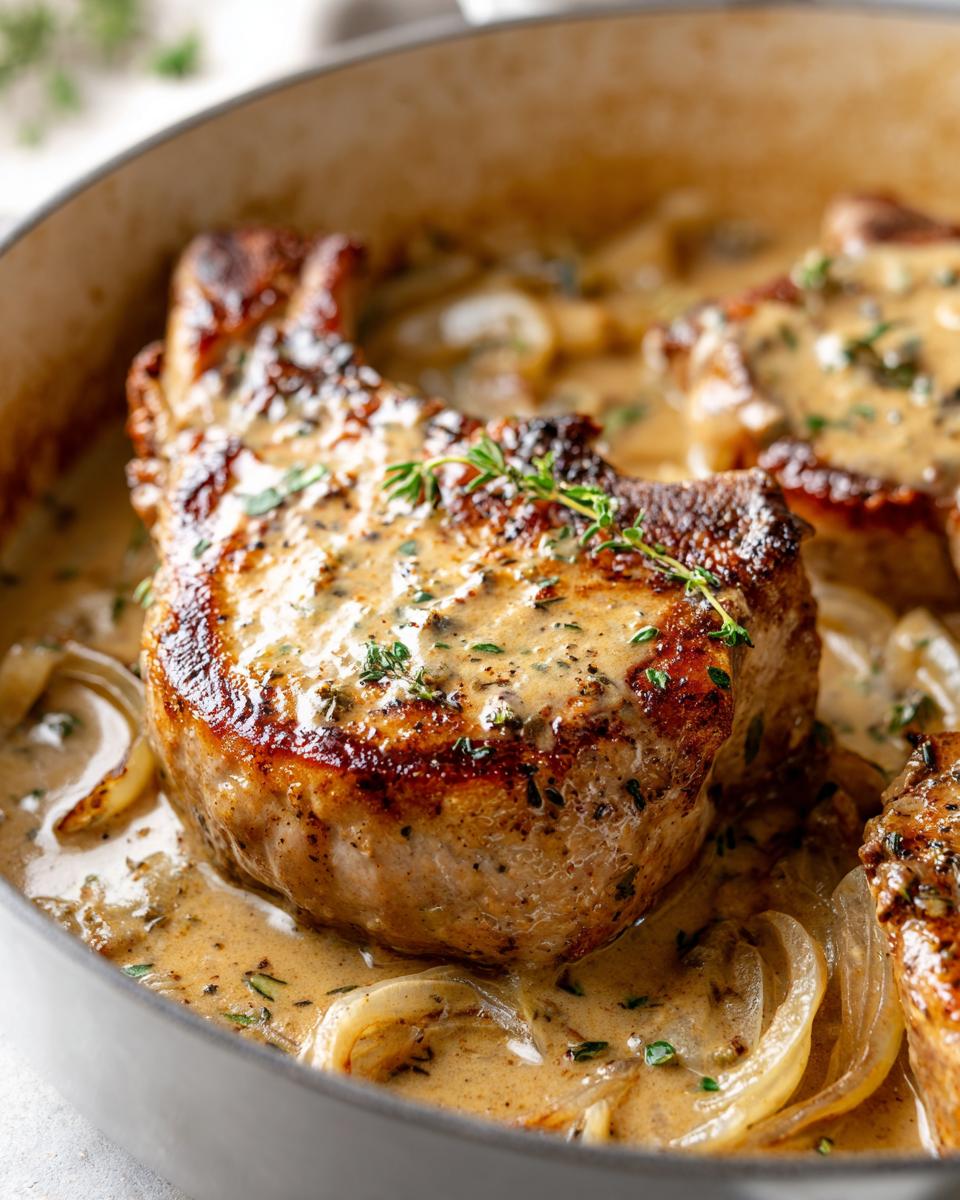 Close-up of delicious smothered boneless pork chops in a creamy onion sauce, garnished with fresh thyme.