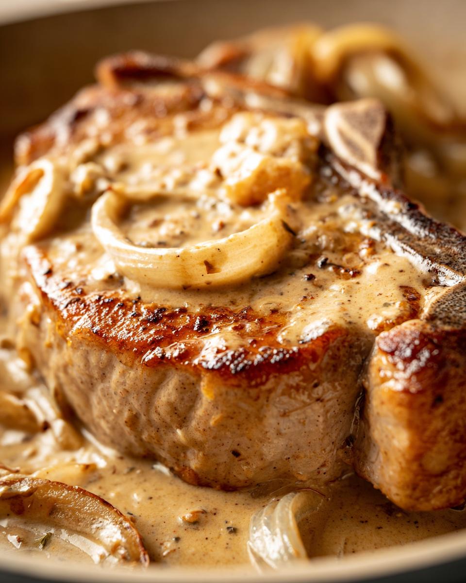 Close-up of a perfectly cooked smothered boneless pork chop in a rich, creamy onion sauce.