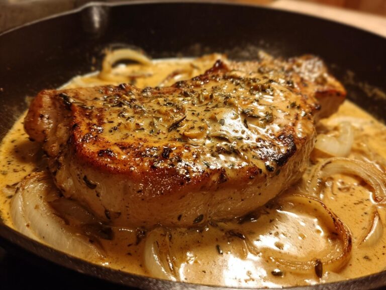Close-up of delicious smothered boneless pork chops in a creamy sauce with onions in a cast iron skillet.