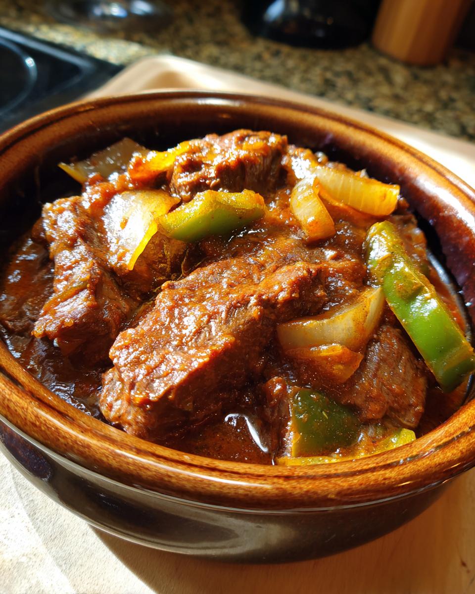 Close-up of tender smothered Swiss steak in a rich brown gravy with chunks of green bell pepper and onion.