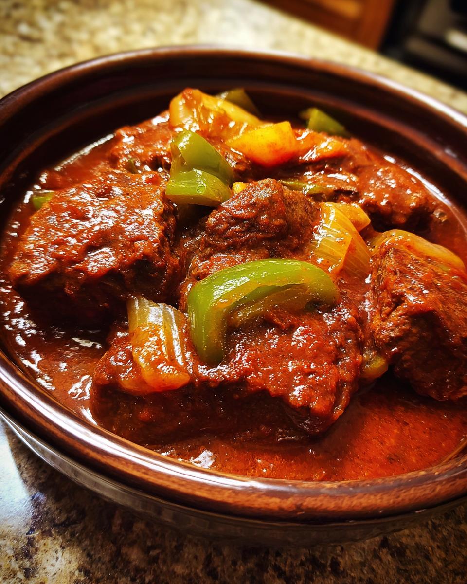 Close-up of tender pieces of smothered Swiss steak in a rich, savory sauce with green bell peppers and onions.