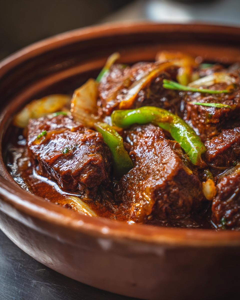 Close-up of tender smothered swiss steak with onions and green peppers in a rich brown gravy, served in a rustic brown bowl.
