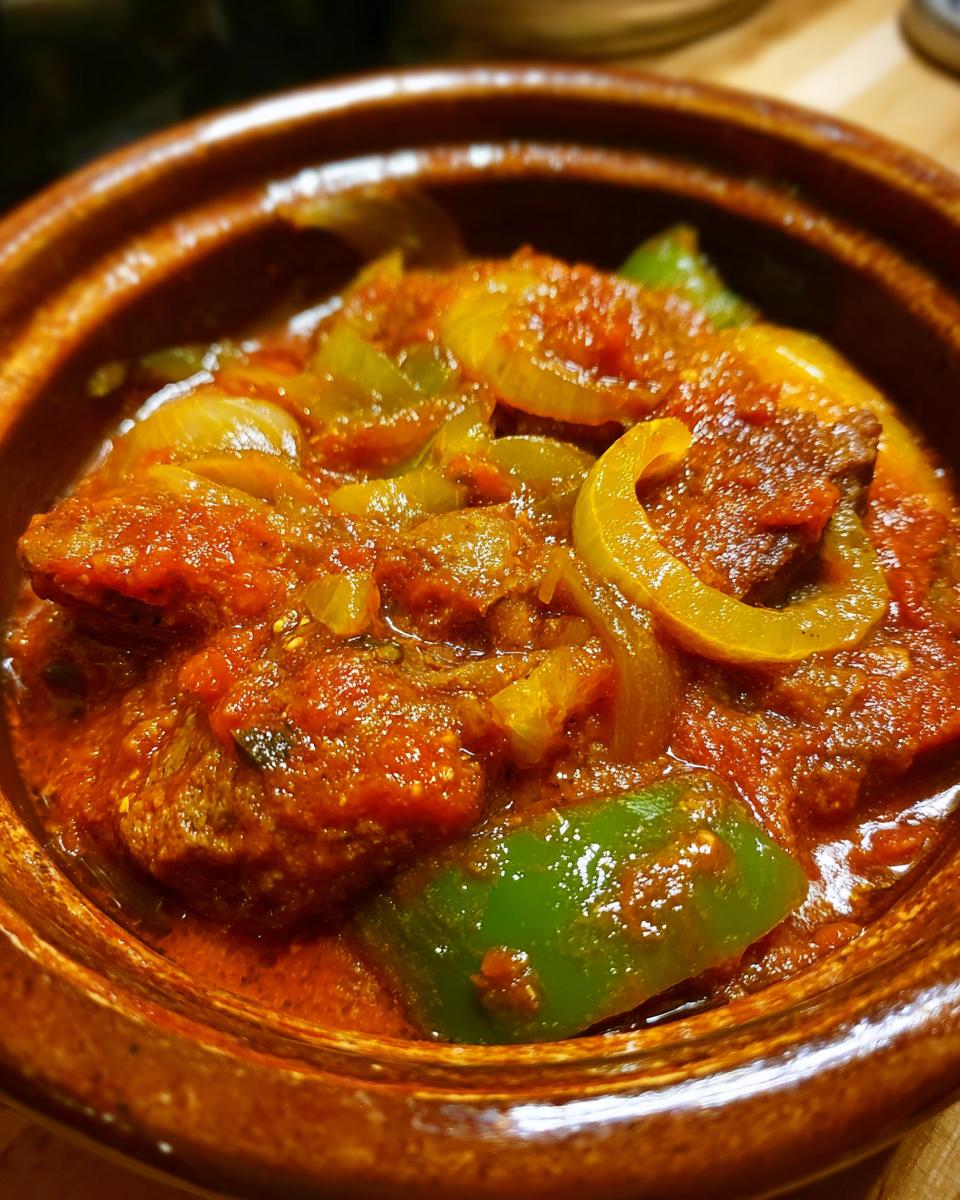 Close-up of tender smothered Swiss steak in a rich tomato sauce with onions and green peppers.