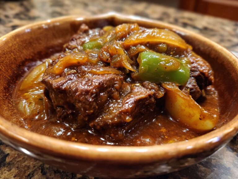 Close-up of tender pieces of smothered Swiss steak with onions and green peppers in a rich brown gravy, served in a rustic bowl.