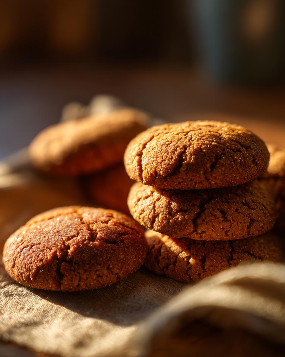 A close-up of several soft and chewy pumpkin cookies, dusted with sugar, on a textured cloth.