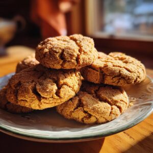 A close-up of a stack of soft and chewy pumpkin cookies, coated in sugar, on a decorative plate.