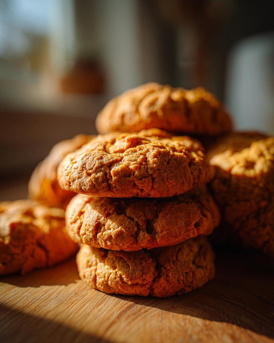 A stack of delicious soft and chewy pumpkin cookies on a wooden surface, bathed in warm sunlight.