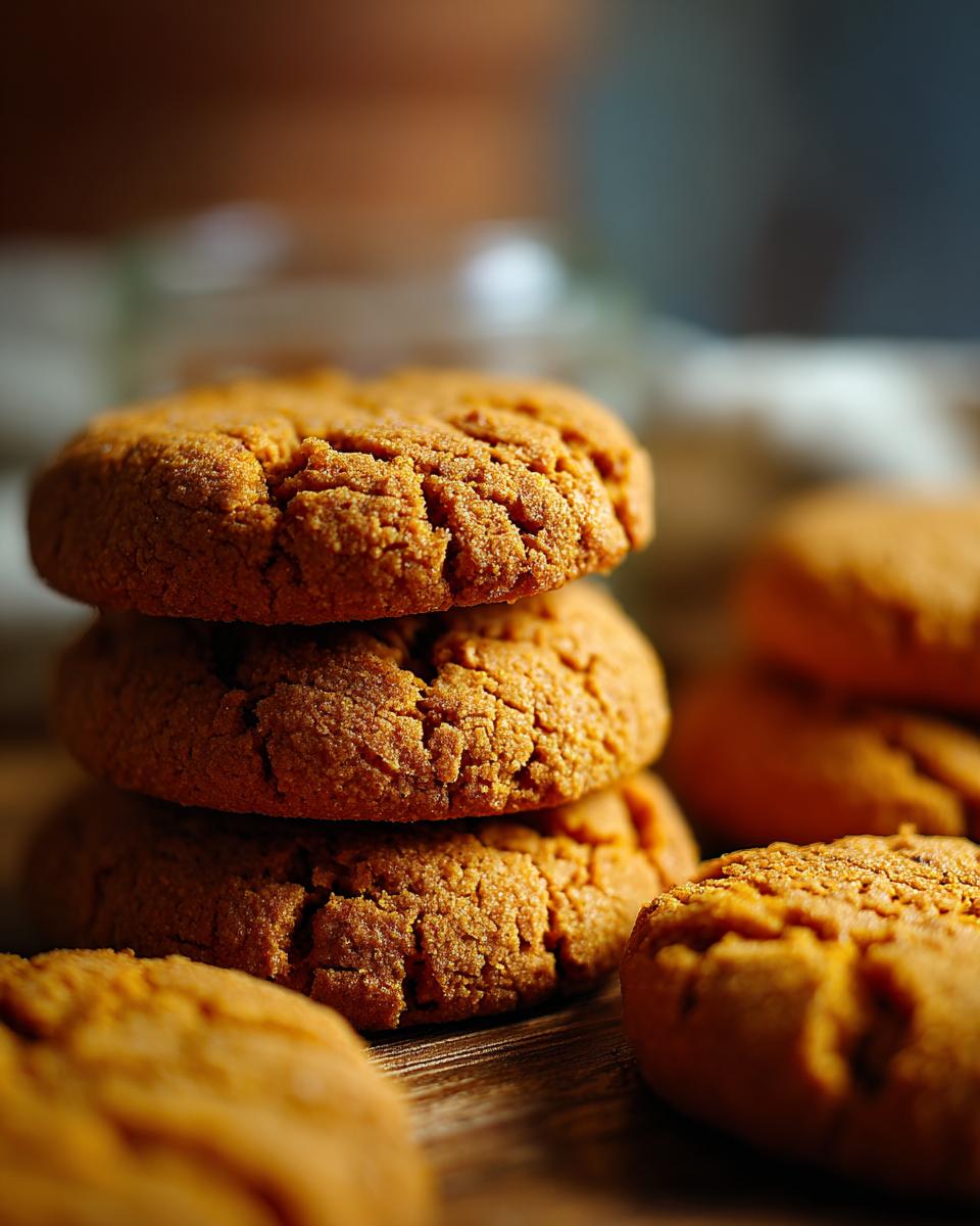 A close-up stack of delicious soft and chewy pumpkin cookies on a wooden surface.