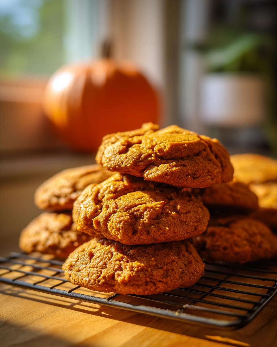 A close-up stack of delicious soft and chewy pumpkin cookies on a cooling rack.