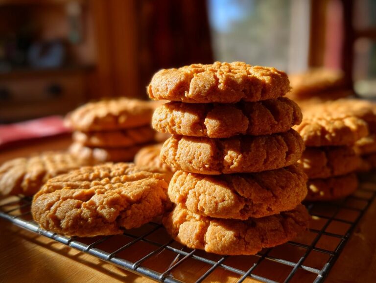 A stack of perfectly soft and chewy pumpkin cookies on a cooling rack, with more cookies in the background.