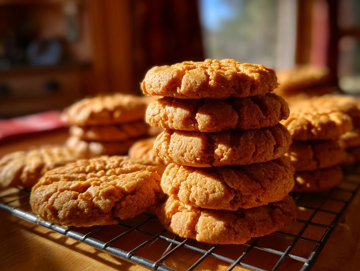 A stack of perfectly soft and chewy pumpkin cookies on a cooling rack, with more cookies in the background.