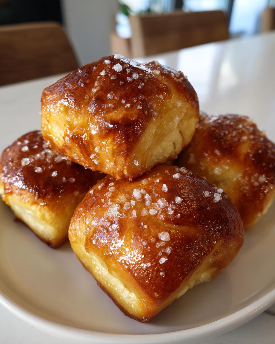 A close-up of a stack of golden-brown soft pretzel bites, sprinkled with coarse salt.