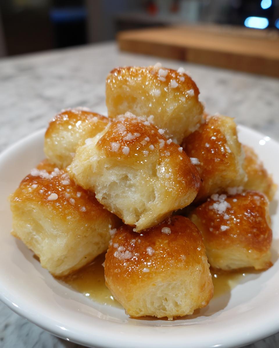 A close-up of golden brown soft pretzel bites drizzled with honey and sprinkled with coarse salt.