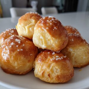 A pile of golden brown soft pretzel bites sprinkled with coarse salt on a white plate.