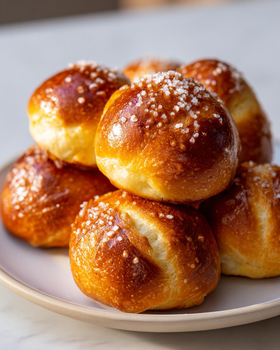 A close-up of a stack of golden-brown soft pretzel bites sprinkled with coarse sea salt.