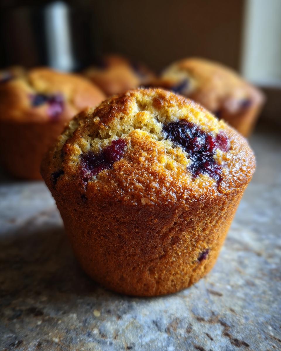 Close-up of a golden-brown sourdough blueberry muffin with visible blueberries.