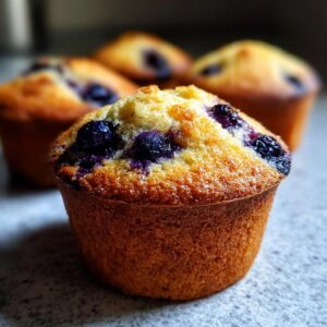 Close-up of a golden-brown sourdough blueberry muffin topped with fresh blueberries and sugar crystals.