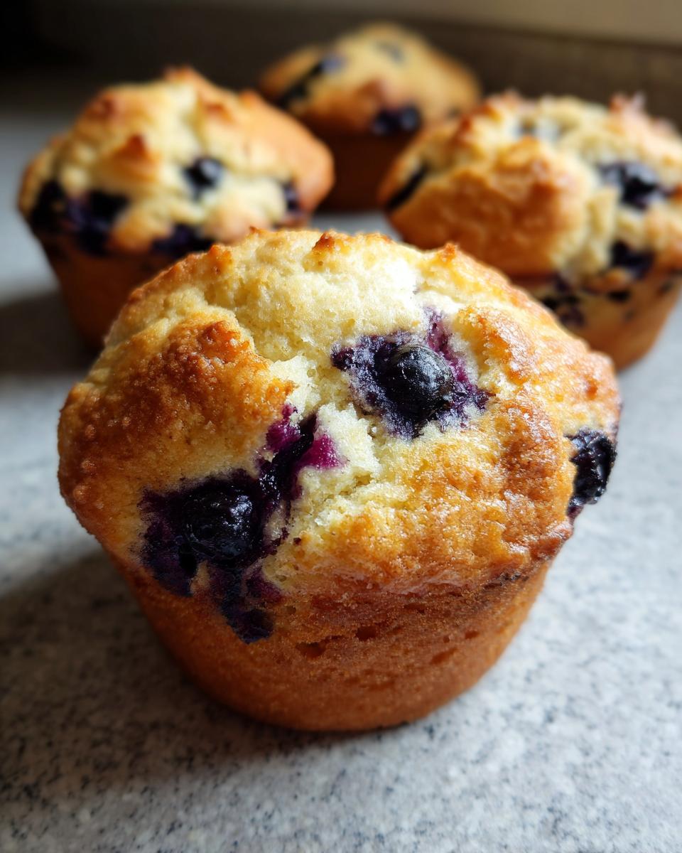 Close-up of a golden-brown sourdough blueberry muffin with visible blueberries.