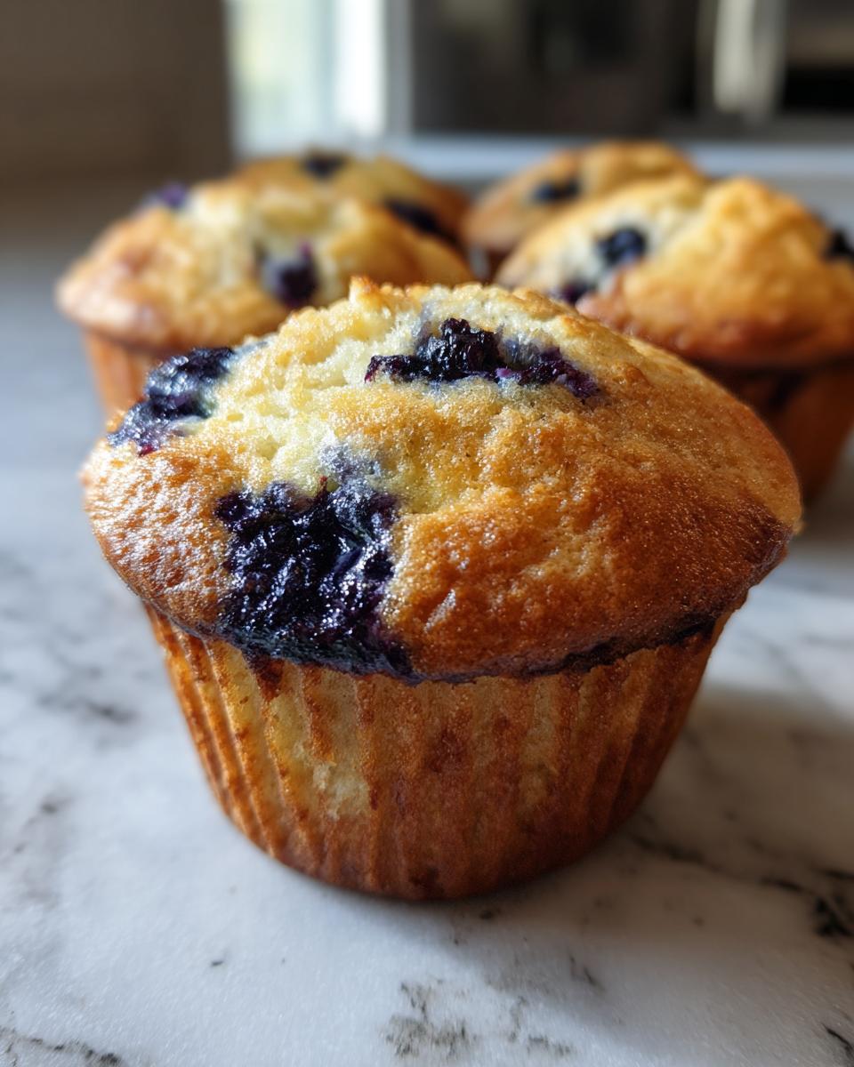 Close-up of a golden-brown sourdough blueberry muffin with visible blueberries on top.