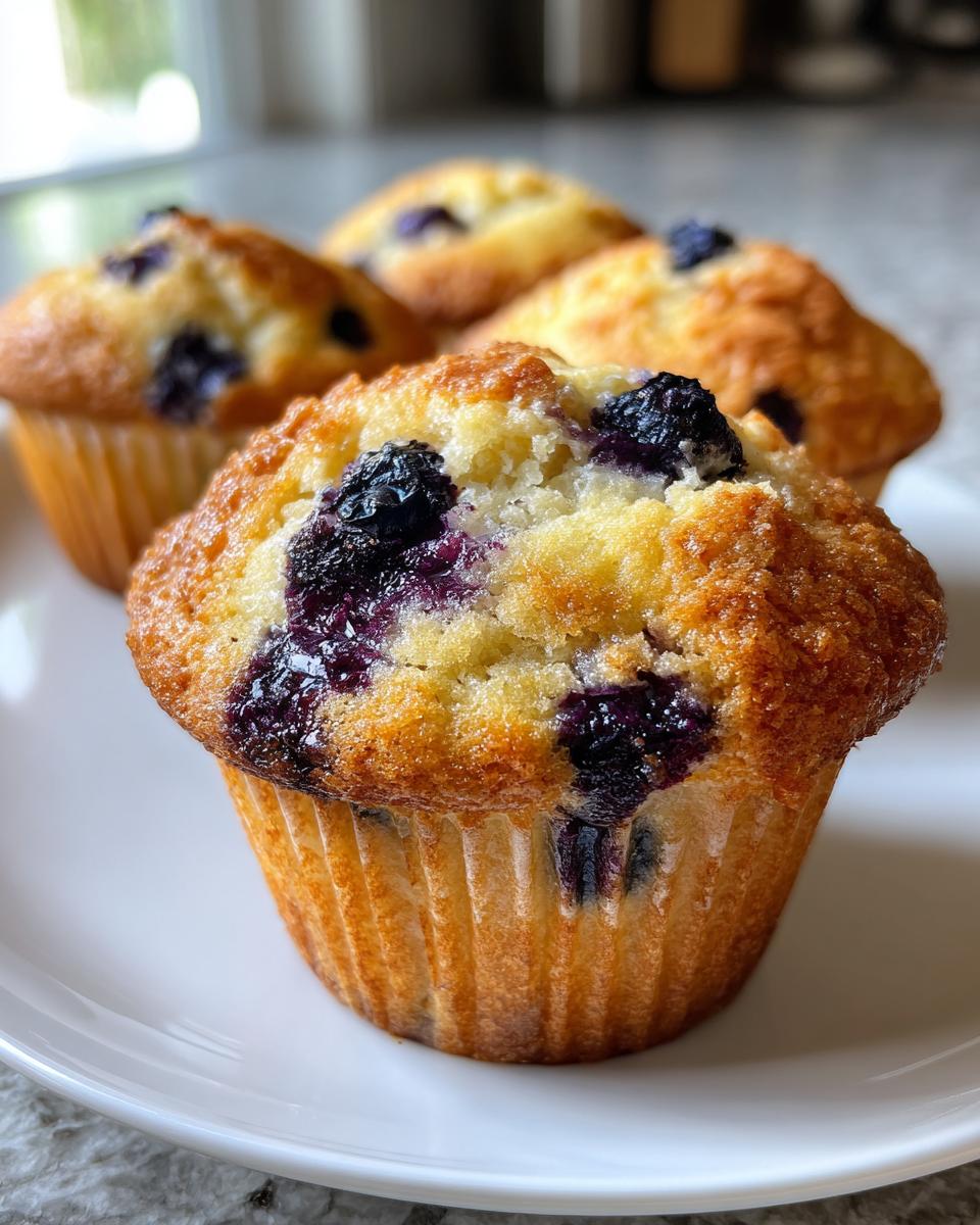 Close-up of fluffy sourdough blueberry muffins with plump blueberries on a white plate.