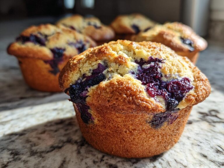 Close-up of a golden-brown sourdough blueberry muffin bursting with blueberries.