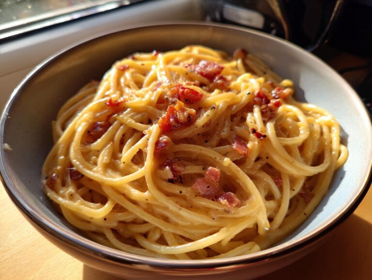 A close-up of a bowl filled with authentic spaghetti carbonara, topped with crispy pancetta and black pepper.