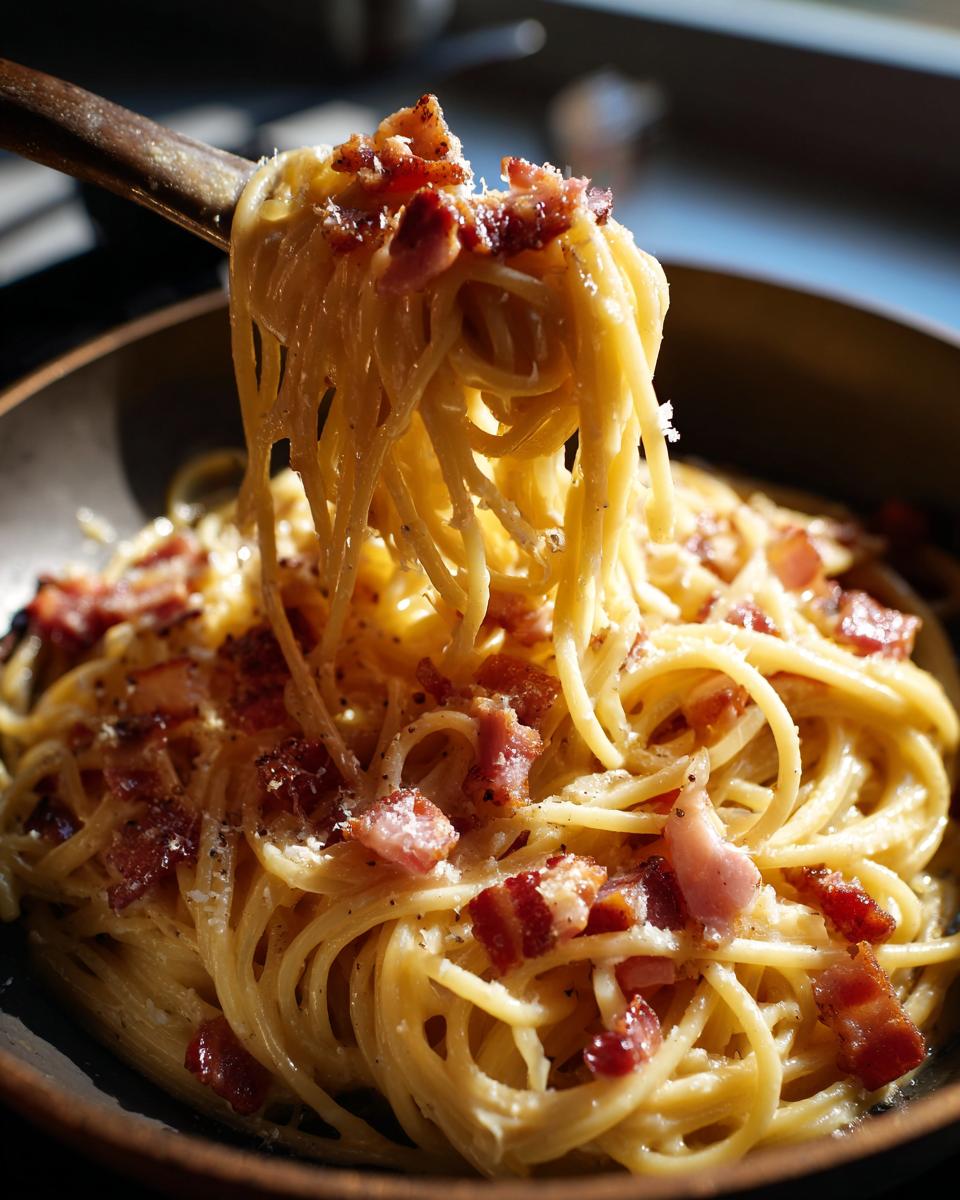 A close-up shot of spaghetti carbonara being lifted with a fork, showing creamy sauce, crispy bacon, and grated cheese.