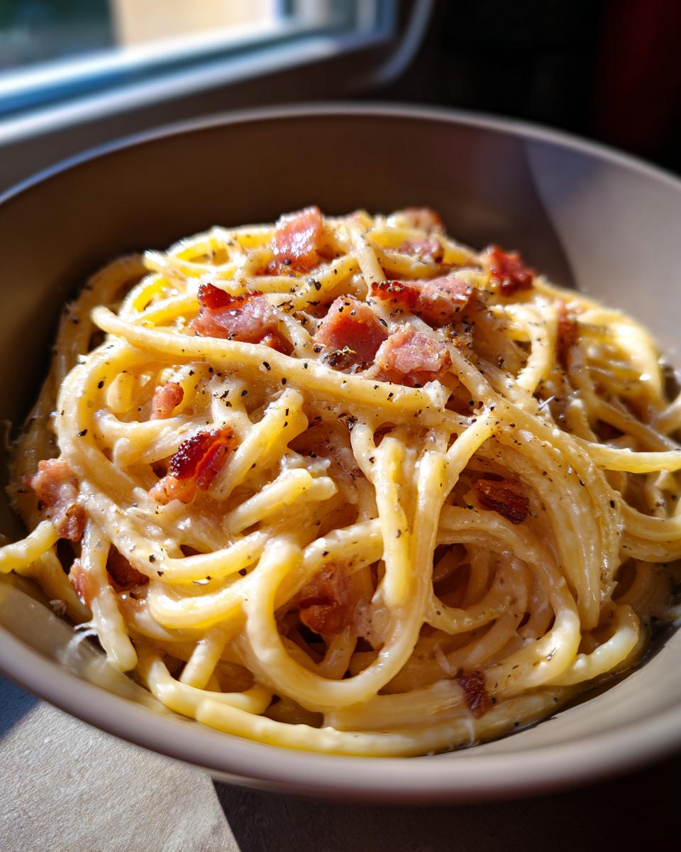 A close-up of a bowl of authentic spaghetti carbonara, featuring creamy sauce, crispy guanciale, and freshly cracked black pepper.