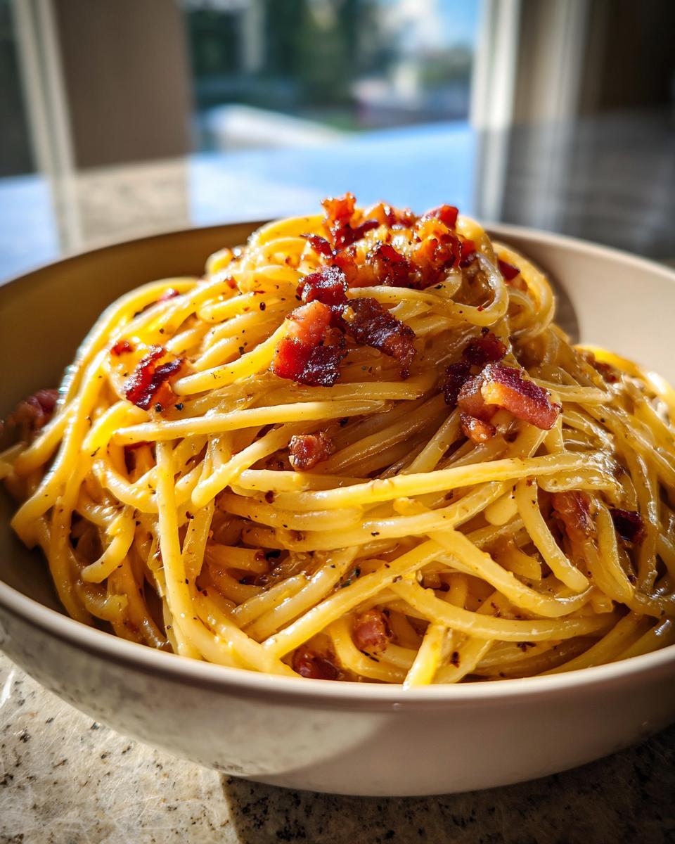 A close-up of a bowl of authentic spaghetti carbonara topped with crispy guanciale and black pepper.