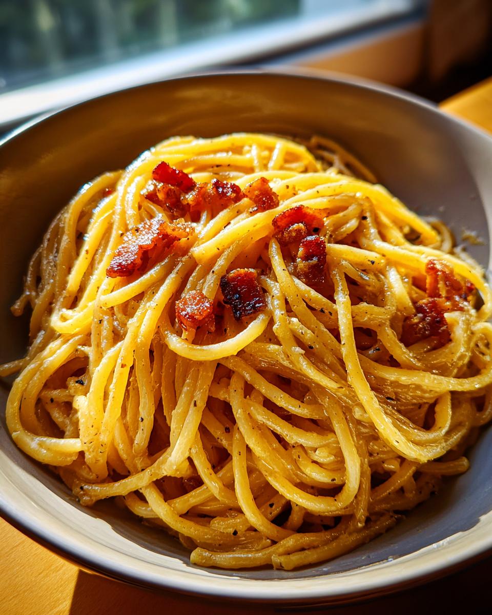 A close-up of authentic Spaghetti Carbonara topped with crispy guanciale in a bowl.