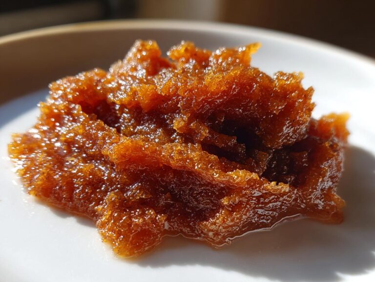 A close-up shot of a dollop of glistening, spiced pear butter on a white plate.