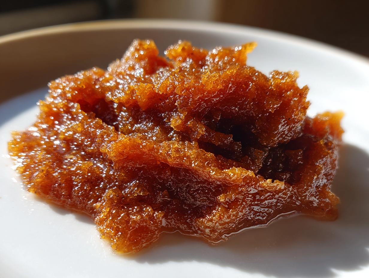 A close-up shot of a dollop of glistening, spiced pear butter on a white plate.