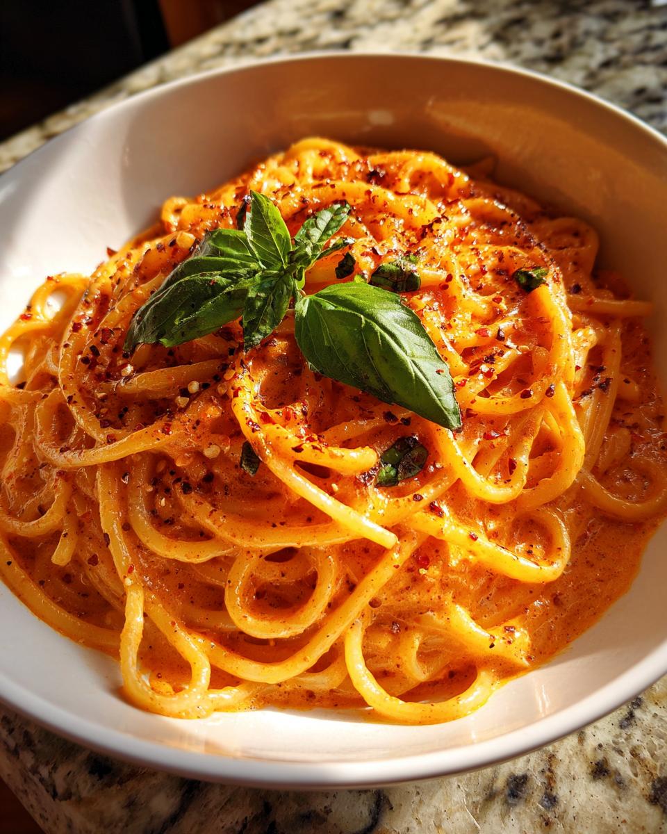 A close-up of spicy one-pan pasta in a white bowl, garnished with fresh basil leaves and red pepper flakes.