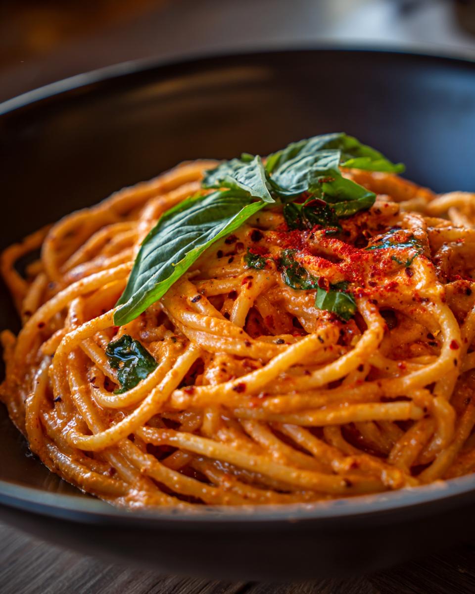 Close-up of a bowl of spicy one-pan pasta, garnished with fresh basil leaves and red pepper flakes.