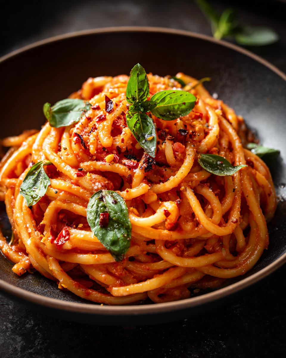 Close-up of a bowl of Spicy One-Pan Pasta, garnished with fresh basil leaves and red pepper flakes.