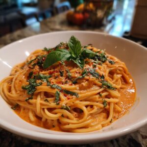 A close-up of a bowl of spicy one-pan pasta with a creamy tomato sauce, garnished with fresh basil and red pepper flakes.